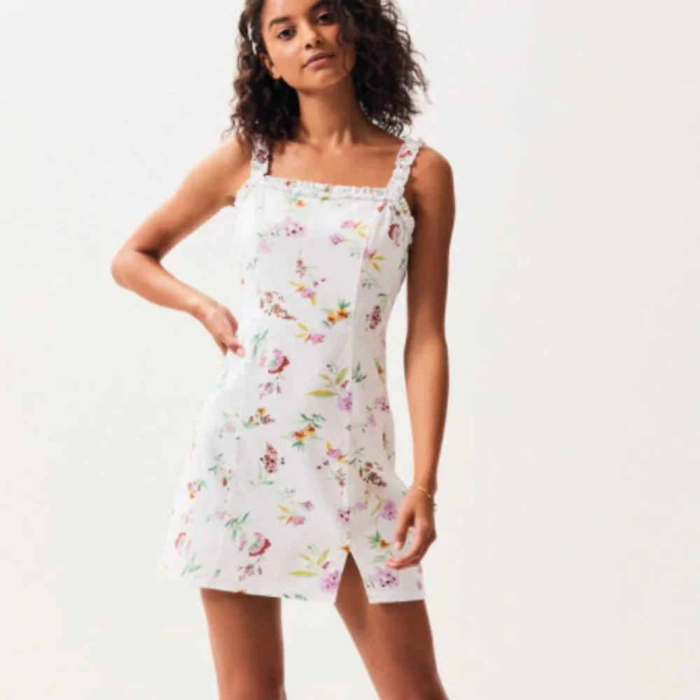 LA Hearts Linen Ruffle White Floral Spring Mini Dress - Picture 1 of 11